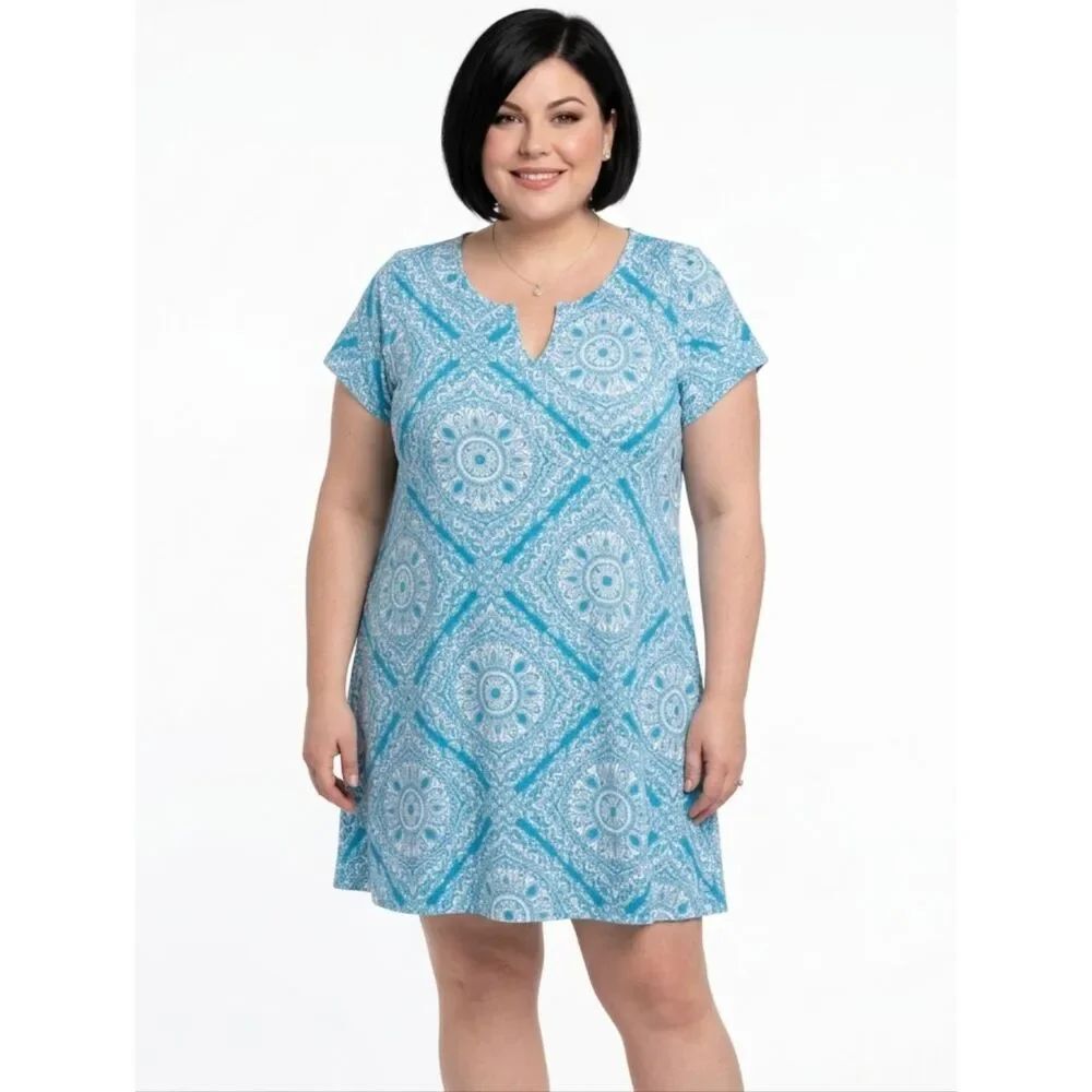 Ruby Rd. Turquoise Medallion Print Split Neck Short Sleeve Dress Size 1X
